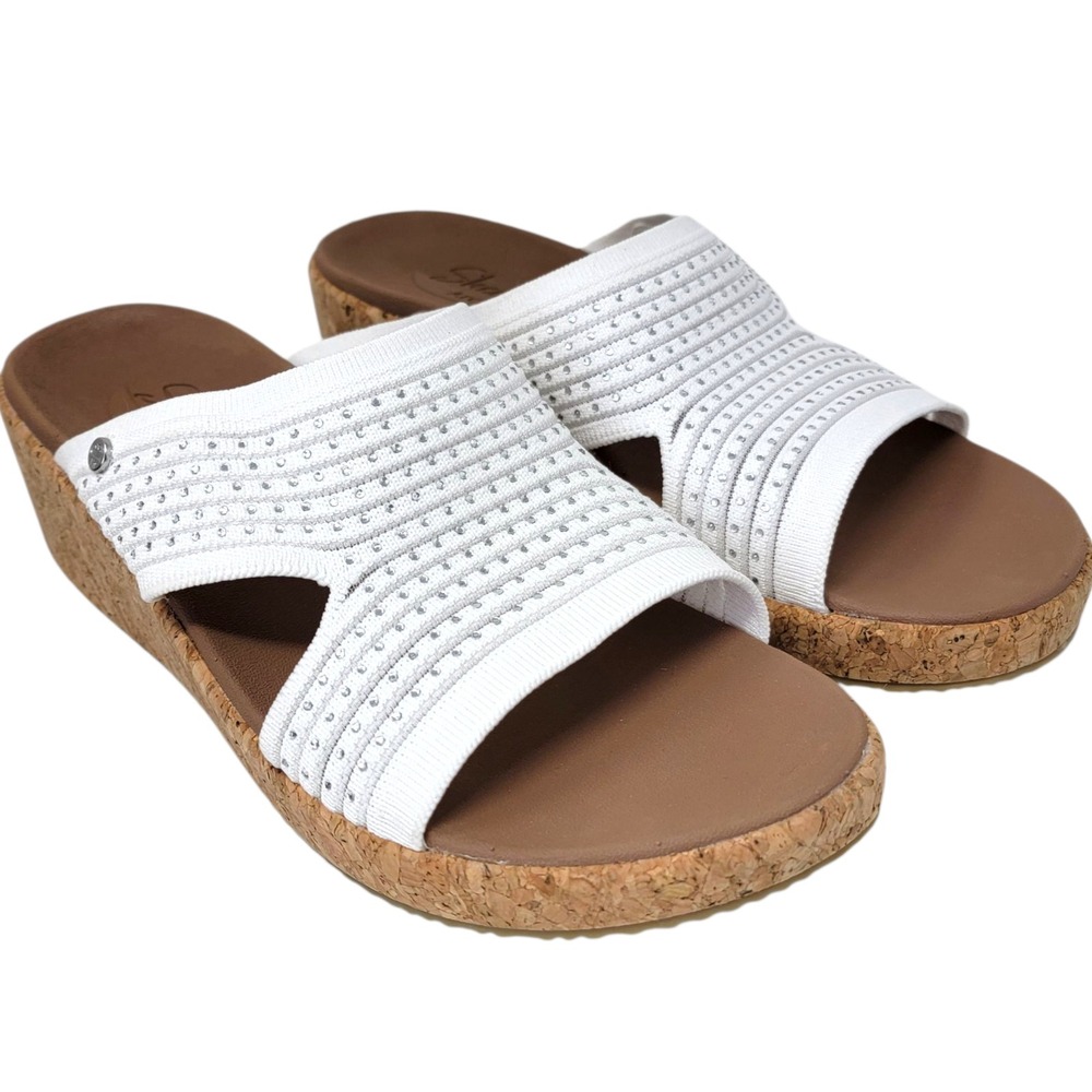 Skechers Arch Fit Sandals Slip On Sz 9 Beverlee Sweet Lacey Wedges White Comfort